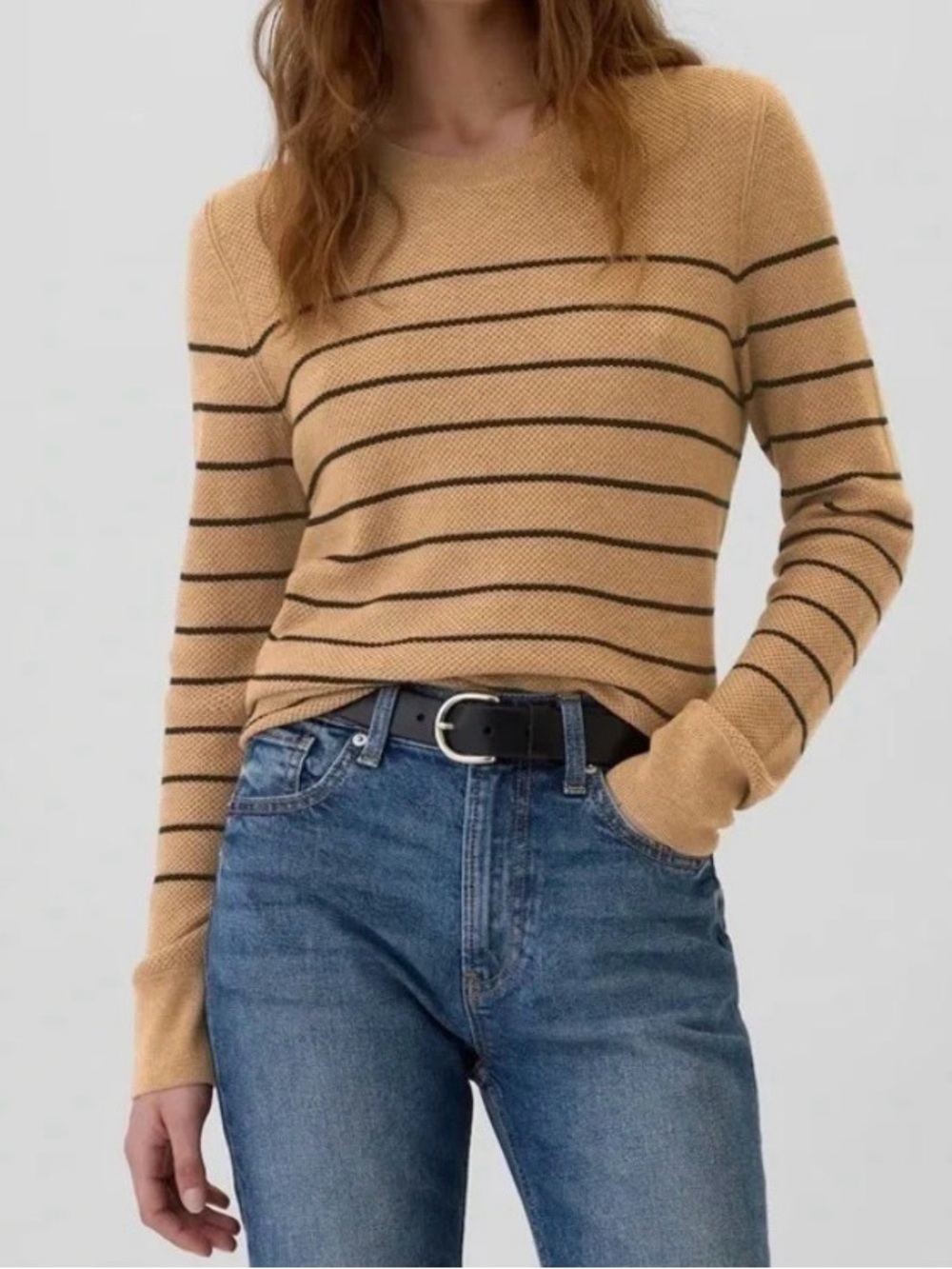 NWT GAP Textured Striped Crewneck Sweater Camel Color with Black Stripes Size XS
